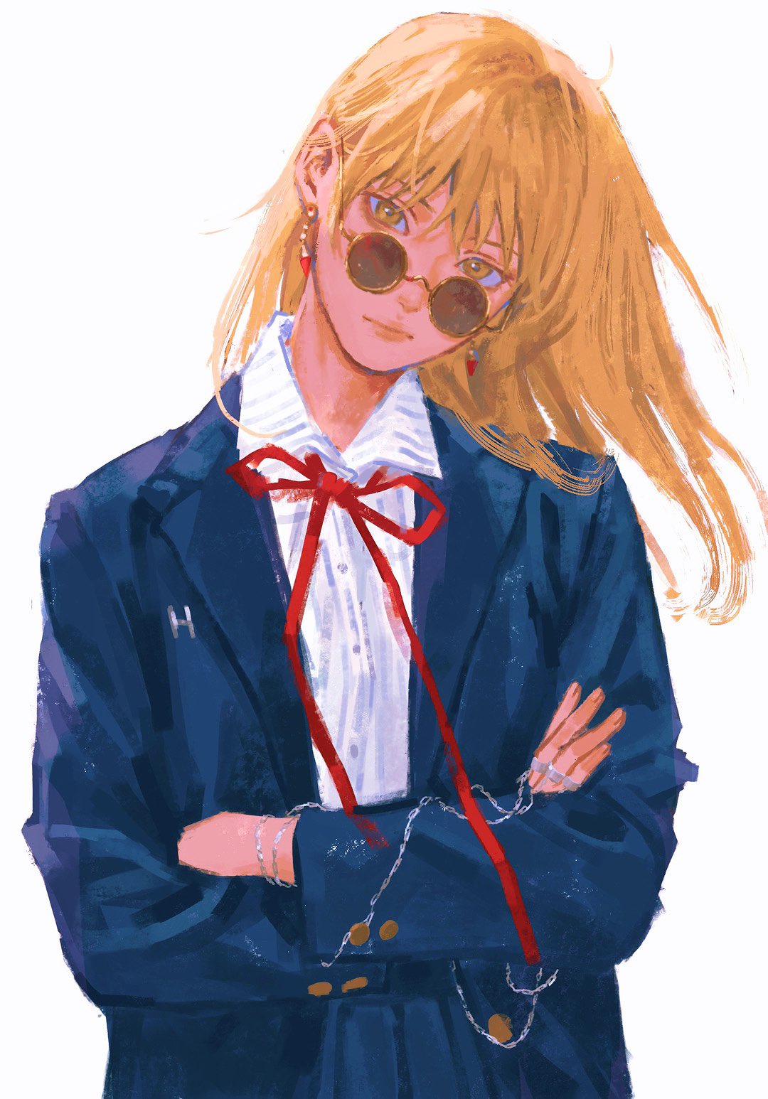 1girl 637_00e_seran blazer blonde_hair blue_jacket blue_skirt borrowed_clothes bow bowtie chain closed_mouth clothes_writing crossed_arms earrings floating_hair genderswap genderswap_(mtf) hair_behind_ear head_tilt highres hunter_x_hunter jacket jewelry kurapika long_hair long_sleeves looking_at_viewer multiple_rings official_alternate_hairstyle photo-referenced pleated_skirt red_bow red_bowtie ring round_eyewear shirt short_hair simple_background skirt smile solo striped_clothes striped_shirt sunglasses vertical-striped_clothes vertical-striped_shirt white_background white_shirt yellow_eyes