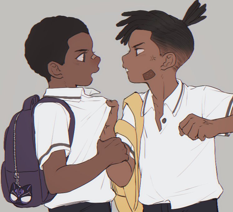 2boys aged_down anger_vein arm_grab bag bandaid bandaid_on_face bandaid_on_nose black_hair black_panther_(film) black_panther_(marvel) brown_eyes buttons child clenched_hand collared_shirt commentary dark-skinned_male dark_skin grey_background hands_up keychain killmonger looking_at_another male_focus marvel marvel_cinematic_universe multiple_boys open_mouth purple_bag qin_(7833198) shirt short_hair short_sleeves simple_background standing symbol-only_commentary t'challa teeth topknot v-shaped_eyebrows white_shirt zipper