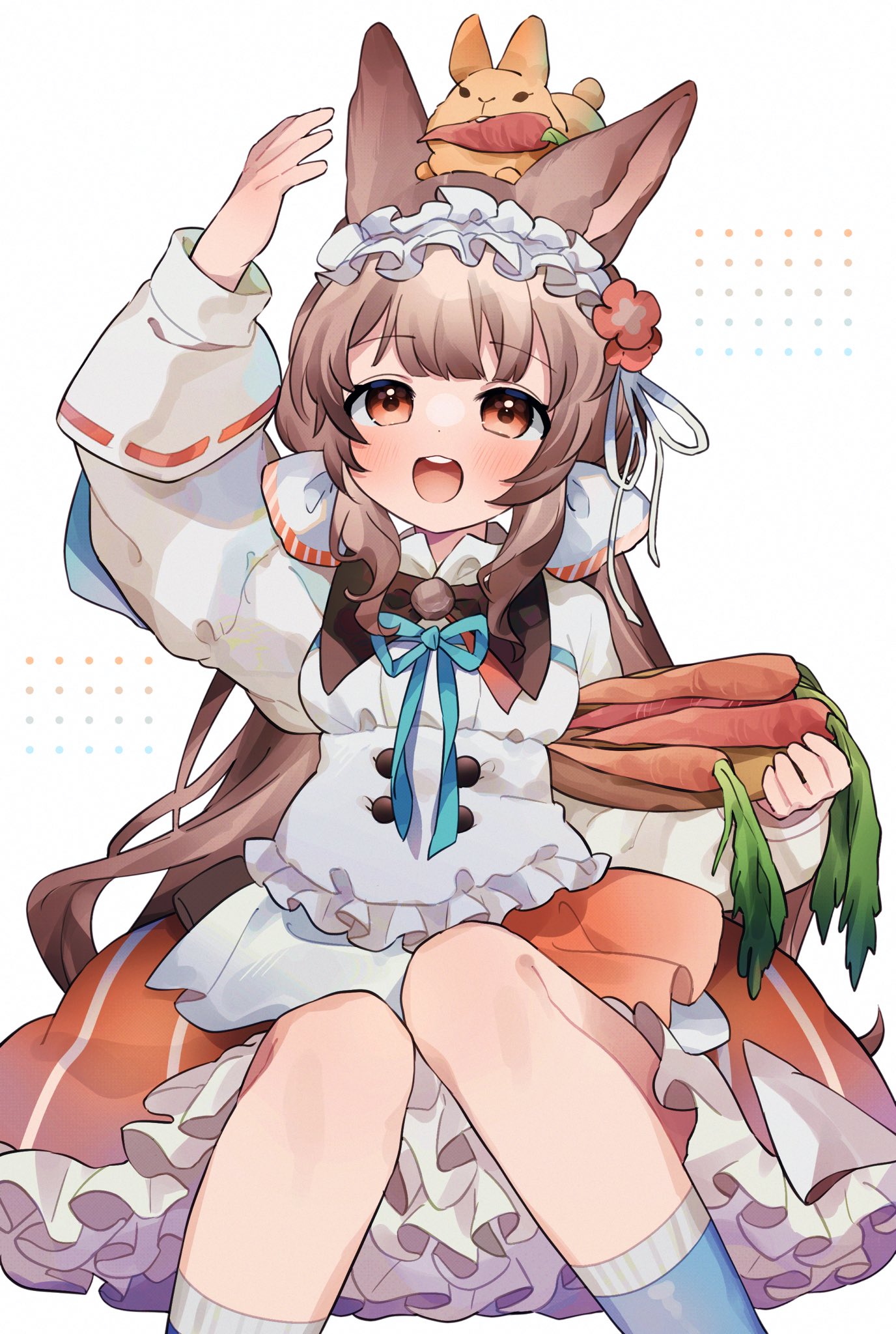 1girl animal_ears animal_on_head arknights blue_socks blush brown_hair carrot commentary_request dress feet_out_of_frame frilled_dress frilled_hairband frills hairband highres long_hair long_sleeves on_head open_mouth rabbit_ears rabbit_girl red_eyes round_teeth sitting socks solo takumi_mizuki teeth upper_teeth_only very_long_hair warmy_(arknights)
