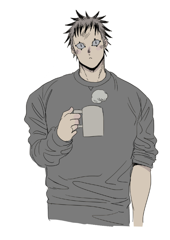 1boy blonde_hair blush colored_tips cropped_torso cup dorohedoro facial_mark head_tilt holding holding_cup male_focus mug multicolored_hair no_eyebrows risu_(dorohedoro) shirt solo steam t-shirt to_(pixiv_34180059) wide-eyed