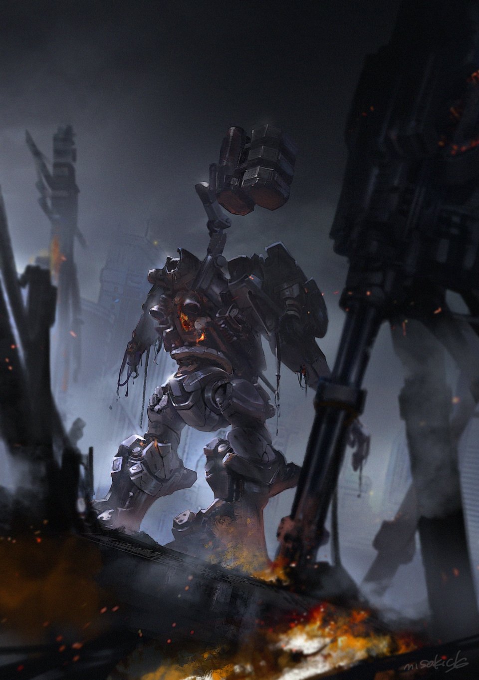 armored_core armored_core_6 clouds cloudy_sky fire full_body gatling_gun grey_background highres mecha mecha_focus miso_katsu missile_pod missing_limb no_humans planted robot science_fiction sky smoke standing wreckage
