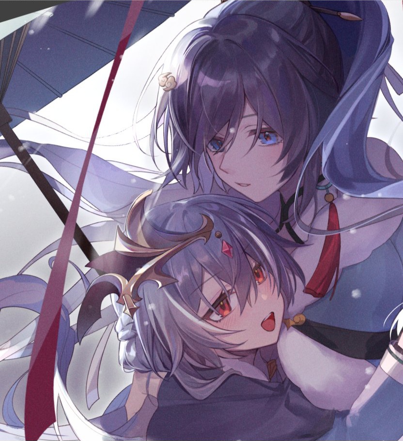 2girls adapted_costume bird_hair_ornament blue_eyes blue_hair blush china_dress chinese_clothes cleavage_cutout clothing_cutout cramps_(exspmarc) dress earrings fu_hua fu_hua_(azure_empyrea) fu_hua_(herrscher_of_sentience) fur_trim grey_hair hair_between_eyes hair_ornament hair_over_one_eye hairpin hanfu high_ponytail honkai_(series) honkai_impact_3rd jewelry long_hair looking_at_another multicolored_hair multiple_girls oil-paper_umbrella on_head open_mouth paintbrush paintbrush_hair_ornament parted_lips ponytail red_eyes red_rope rope single_earring snowing streaked_hair tassel tassel_earrings umbrella very_long_hair white_dress white_hair yellow_pupils