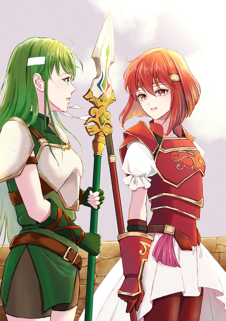2girls aged_down armor black_shorts breastplate dress fingerless_gloves fire_emblem fire_emblem:_mystery_of_the_emblem fire_emblem_heroes gloves green_dress green_eyes green_gloves green_hair hair_between_eyes headband highres holding holding_polearm holding_weapon long_hair looking_at_another minerva_(fire_emblem) multiple_girls official_alternate_costume open_mouth palla_(fire_emblem) polearm red_eyes red_gloves redhead short_hair shorts shoulder_armor weapon white_headband yori_ilrosso