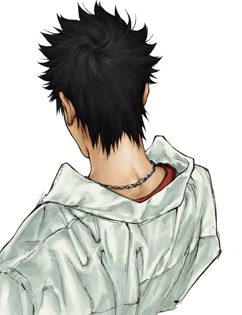 1boy black_hair collared_shirt commentary from_above from_behind from_side jewelry katekyo_hitman_reborn male_focus nape necklace school_uniform shirt short_hair simple_background solo spiky_hair umkaqryi undershirt upper_body white_background yamamoto_takeshi