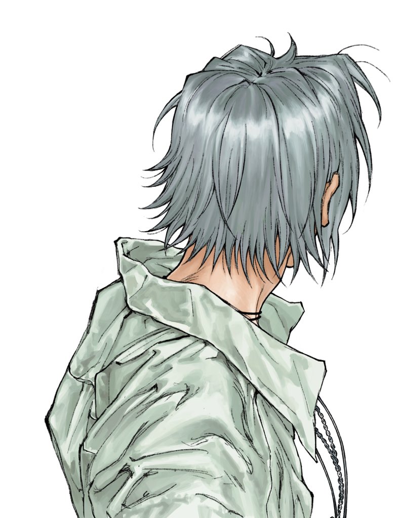 1boy collared_shirt commentary from_behind from_side gokudera_hayato grey_hair jewelry katekyo_hitman_reborn male_focus nape necklace school_uniform shirt short_hair simple_background solo umkaqryi upper_body white_background