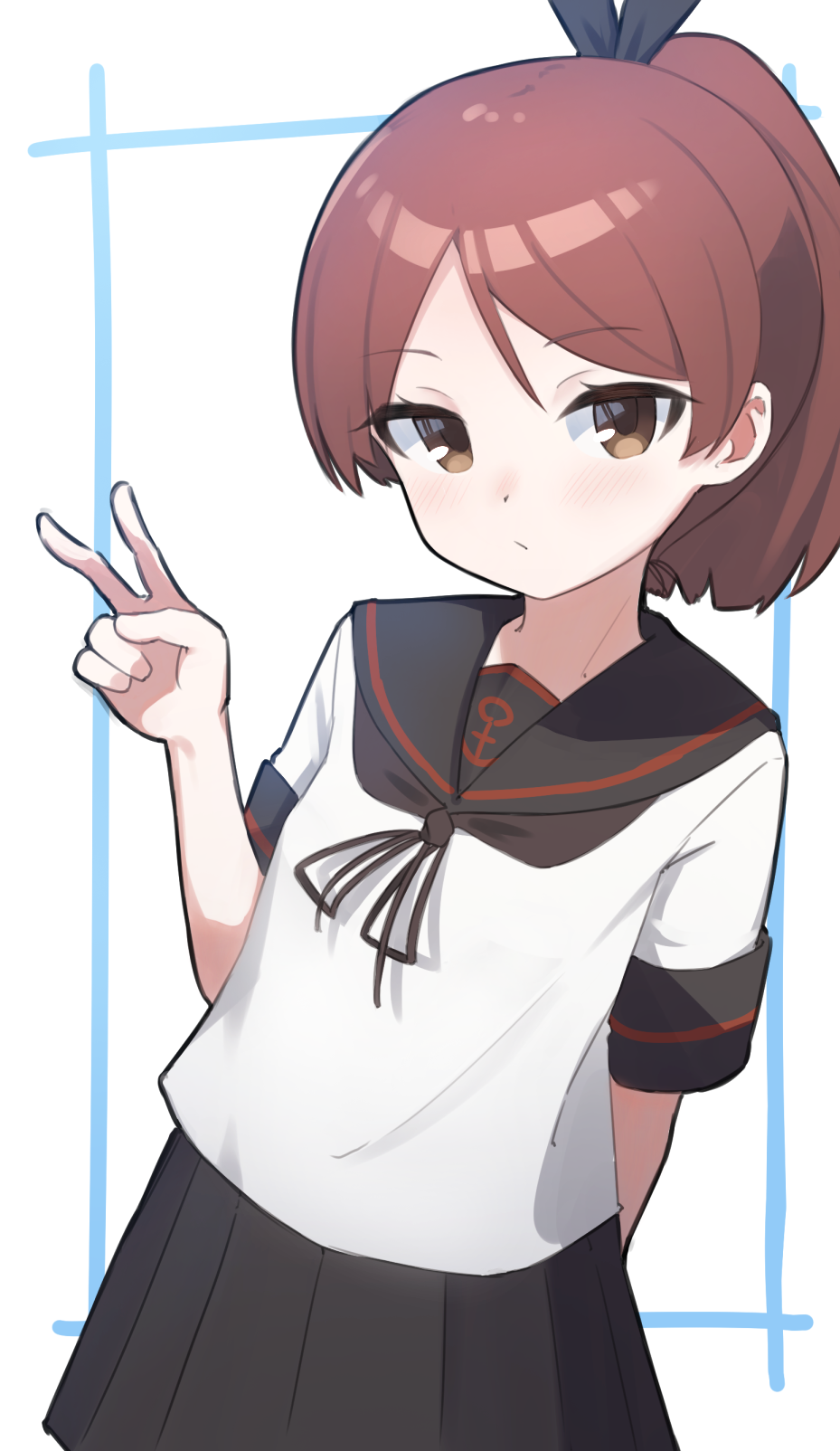 1girl anchor_symbol arm_behind_back black_sailor_collar black_skirt brown_eyes brown_hair closed_mouth commentary_request highres hudeako kantai_collection looking_at_viewer pleated_skirt ponytail revision sailor_collar school_uniform serafuku shikinami_(kancolle) shikinami_kai_ni_(kancolle) short_hair short_sleeves skirt solo v