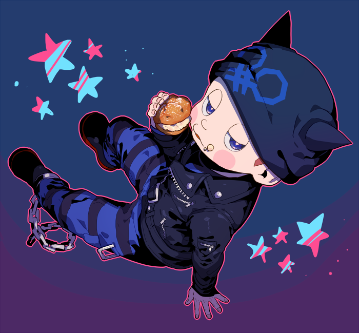 1boy animal_ear_headwear animal_ears beanie belt belt_buckle black_belt black_bodysuit black_footwear black_headwear black_jacket black_sleeves blue_background blue_bodysuit blue_eyes blush_stickers bodysuit brown_hair buckle buttons cat_ears chain collared_jacket commentary_request cream_puff crumbs cuffs danganronpa_(series) danganronpa_v3:_killing_harmony eating expressionless fake_animal_ears fingernails food full_body gradient_background half-closed_eyes hat holding holding_food hoshi_ryoma jacket kogarashi_8 layered_sleeves leather leather_jacket long_sleeves looking_at_viewer male_focus outline parted_lips partial_commentary pocket prison_clothes red_outline shackles shoes short_hair simple_background sitting sleeves_past_wrists solo star_(symbol) striped_bodysuit two-tone_bodysuit very_short_hair zipper zipper_pull_tab
