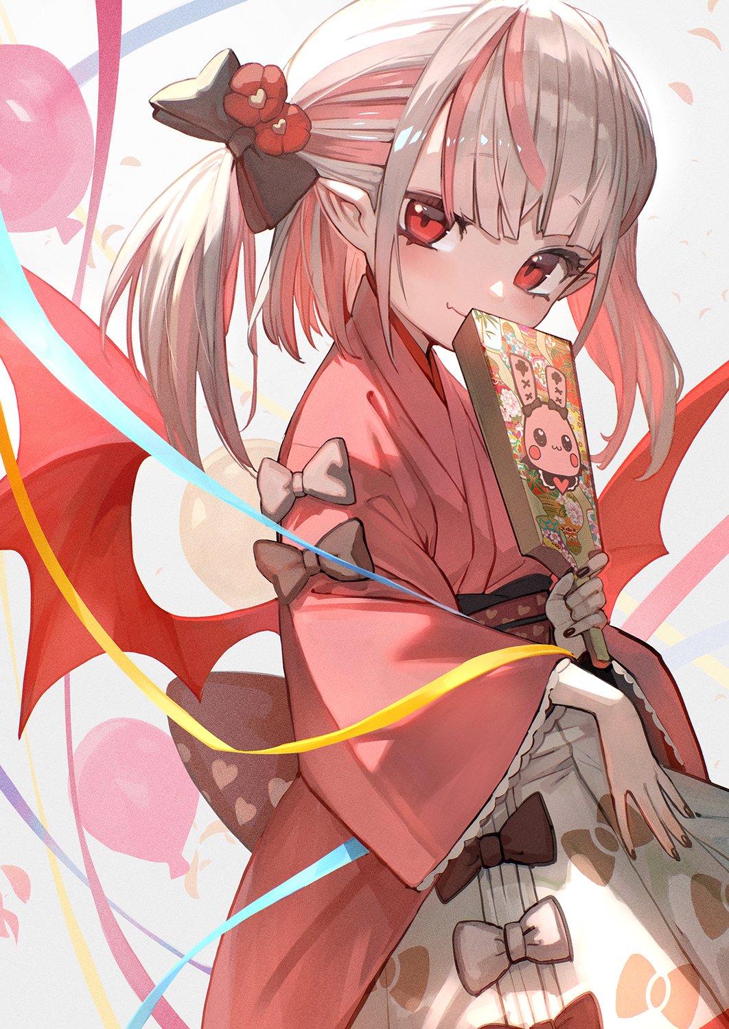 1girl bat_wings blonde_hair bow fang hair_bow highres japanese_clothes lack looking_at_viewer makaino_ririmu multicolored_hair nail_polish nijisanji pink_hair pointy_ears red_eyes simple_background skin_fang smile solo streaked_hair two_side_up virtual_youtuber white_background wings