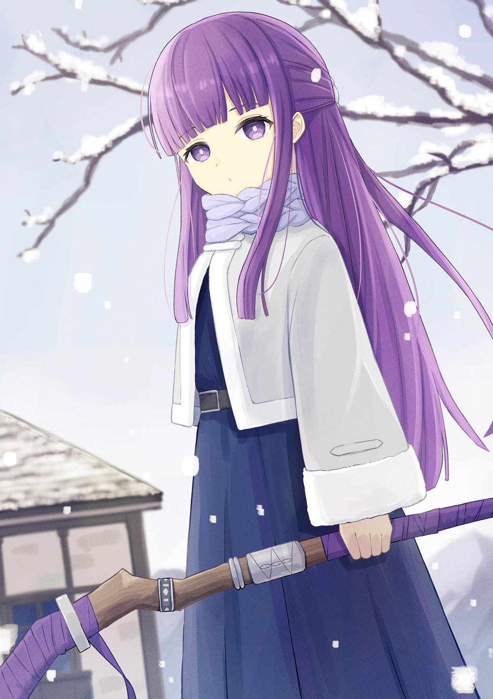 1girl belt blue_dress blunt_bangs blunt_ends branch closed_mouth coat commentary_request day dress enokitake fern_(sousou_no_frieren) grey_coat grey_sky highres hime_cut holding holding_staff long_sleeves looking_at_viewer mountain outdoors overcast purple_hair sky snow snowing solo sousou_no_frieren staff violet_eyes