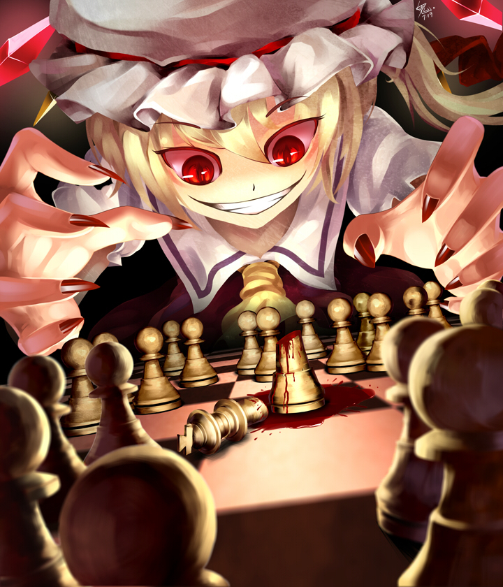 blood chess claws evil_grin evil_smile flandre_scarlet ghostzxt grin hat ponytail red_eyes short_hair side_ponytail smile solo touhou vampire wings