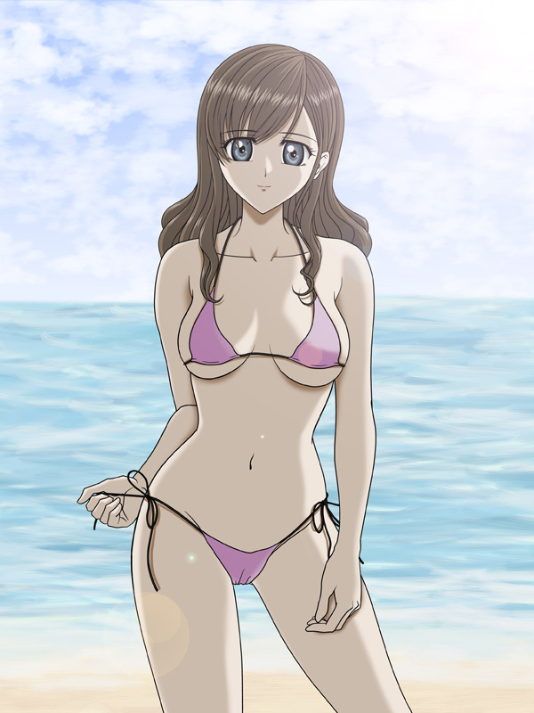 bikini blue_eyes breasts brown_hair cloud clouds lens_flare maria-sama_ga_miteru navel side-tie_bikini sky string_bikini swimsuit toudou_shimako untying water winbay01