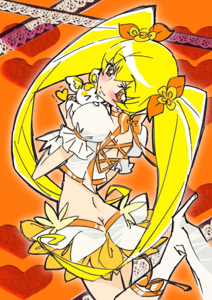 &gt;_&lt; artist_request blonde_hair boots butt_crack choker creature cure_sunshine dress futari_wa_precure heart heartcatch_precure! leg_up long_hair looking_back magical_girl myoudouin_itsuki orange_background potpourri_(heartcatch_precure!) potpurri precure puffy_sleeves sadako0725 skirt smile twintails very_long_hair yellow_dress yellow_eyes