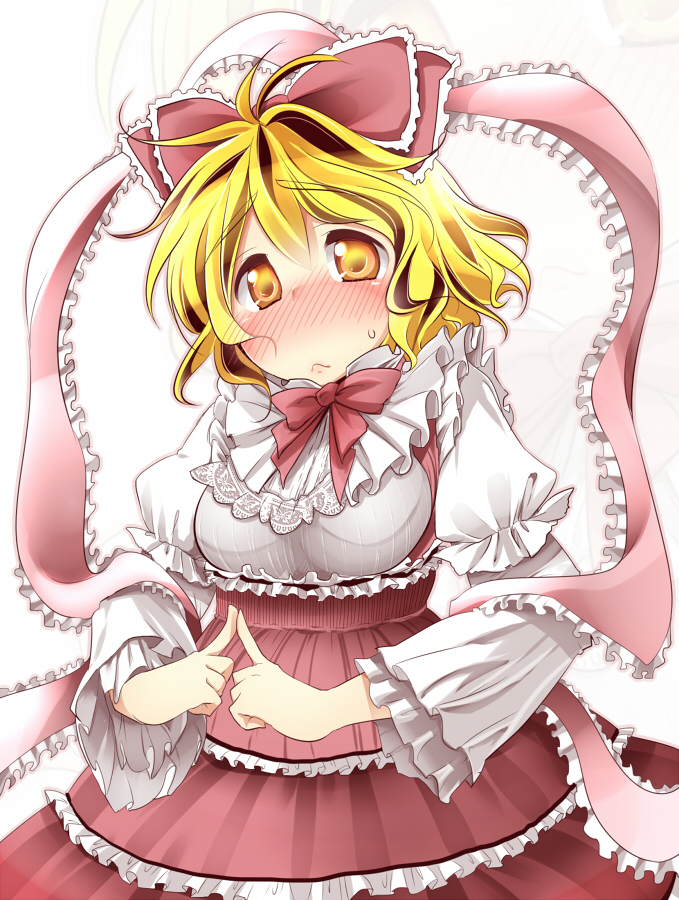 1girl :&lt; aki_(akikaze_asparagus) alternate_costume blonde_hair blush bow brown_hair capelet dress fingers_together hair_bow juliet_sleeves lolita_fashion long_sleeves multicolored_hair puffy_sleeves red_dress shawl shirt simple_background solo toramaru_shou touhou two-tone_hair white_background yellow_eyes zoom_layer