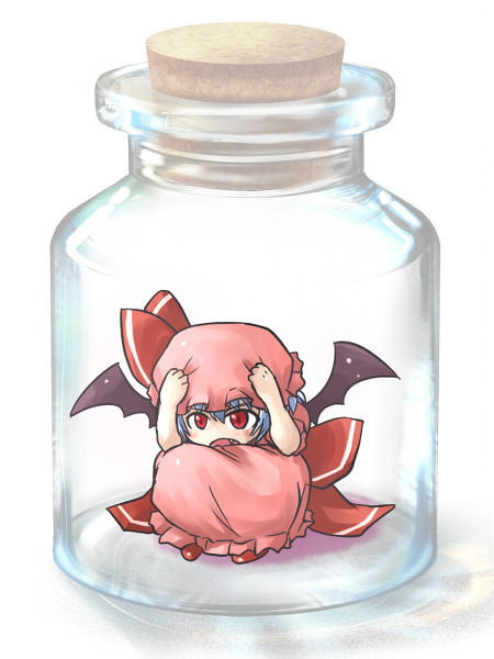 bat_wings fang in_container jar koraku_gekki remilia_scarlet squatting touhou wings