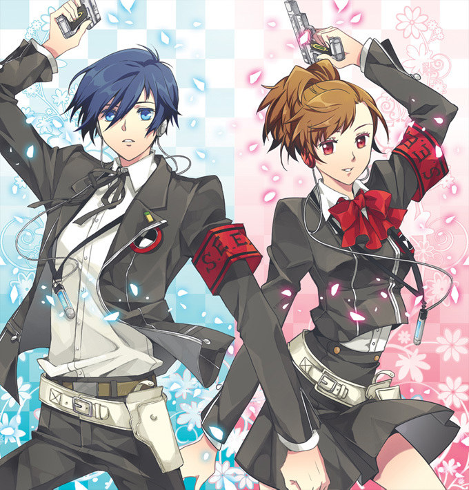 armband belt blue_eyes blue_hair bow brown_hair crossdraw_holster digital_media_player evoker female_protagonist_(persona_3) gun gun_holster hair_ornament hairclip headphones holster jacket mp3_player persona persona_3 persona_3_portable ponytail red_eyes ron_(lovechro) school_uniform short_hair skirt smile weapon