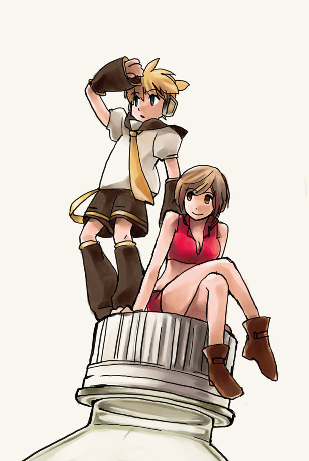 age_difference bottle boy breasts brown_hair cleavage crop_top crossed_legs kagamine_len madder meiko midriff necktie poorly_drawn shorts sitting skirt smile vocaloid