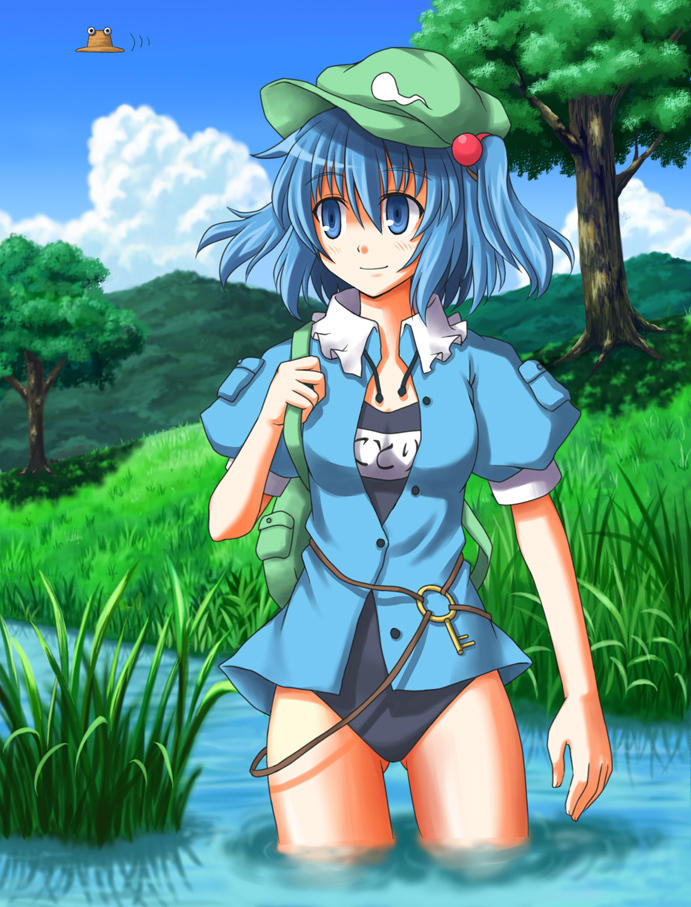 blue_eyes blue_hair bluepony bottomless grass hair_bobbles hair_ornament hat kawashiro_nitori key name_tag nature no_pants one-piece_swimsuit pyonta river school_swimsuit smile solo swimsuit swimsuit_under_clothes touhou tree twintails wading water