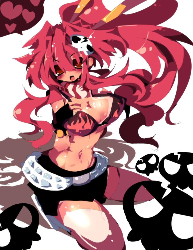 blush boing breasts brown_eyes dango_mushi fingerless_gloves gloves hair_ornament kneeling pink_thighhighs ponytail red_hair redhead scarf shorts solo striped striped_scarf tengen_toppa_gurren_lagann thigh-highs thighhighs yoko_littner