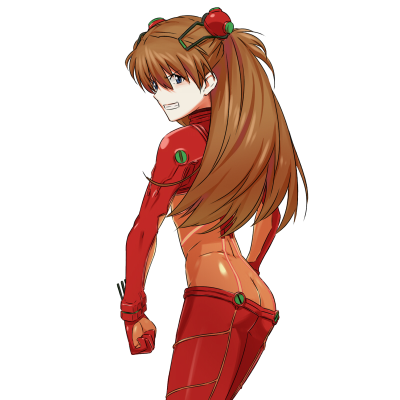 blue_eyes bodysuit brown_hair butt_crack clenched_hand clenched_hands clenched_teeth evangelion:_2.0_you_can_(not)_advance grin kanna_asuke long_hair neon_genesis_evangelion plugsuit rebuild_of_evangelion shikinami_asuka_langley simple_background skin_tight smile solo souryuu_asuka_langley test_plugsuit