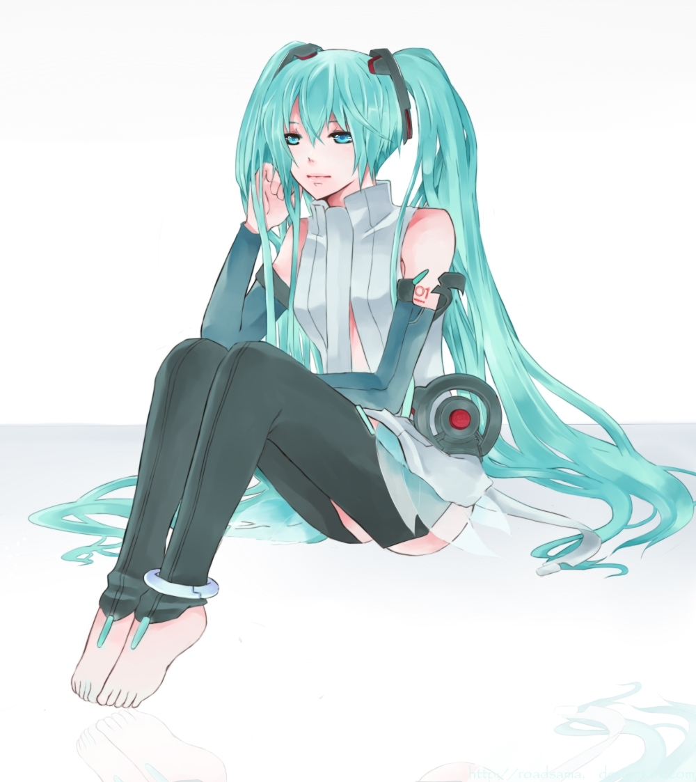 anklet aqua_eyes aqua_hair barefoot elbow_gloves fingerless_gloves gloves hatsune_miku hatsune_miku_(append) jewelry long_hair miku_append necktie road_(artist) roadsama sitting smile solo toeless_socks twintails very_long_hair vocaloid vocaloid_append