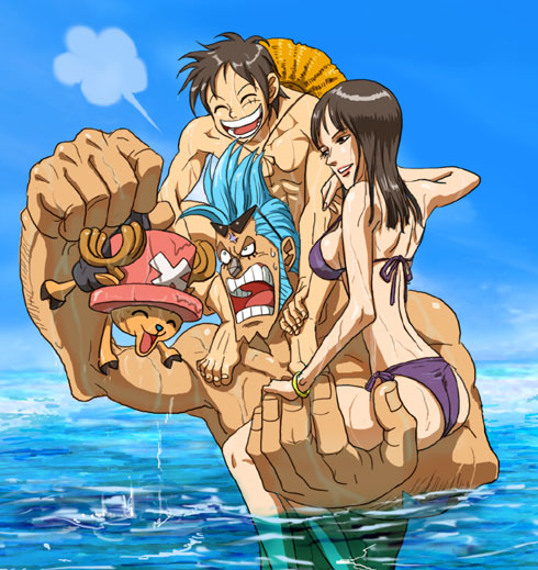 ^_^ abs angry antlers ass back barefoot bikini black_hair blue_hair bracelet breasts carrying closed_eyes feet feet_in_water franky hat holding jewelry lipstick monkey_d_luffy muscle nico_robin one_piece open_mouth outdoors scar short_hair shoulder_carry side-tie_bikini sideboob sideburns sitting sitting_on_arm smile soaking_feet straw_hat sunglasses sunglasses_on_head swim_trunks swimsuit teeth tony_tony_chopper top_hat wading water wet