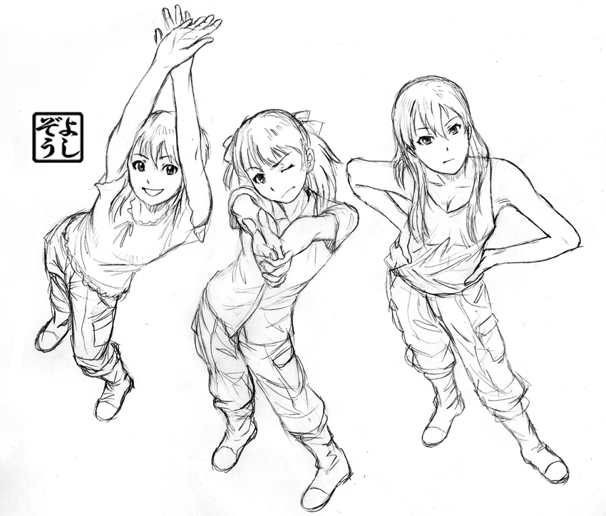 :d arms_up cleavage finger_gun flat_chest graphite_(medium) hair_ribbon hands_on_hips kazumiya_rio long_hair military military_uniform monochrome multiple_girls open_mouth ribbon shirt short_hair sketch smile sora_no_woto sorami_kanata suminoya_kureha tank_top traditional_media twintails uniform wink yoshikawa_kazunori yoshizou