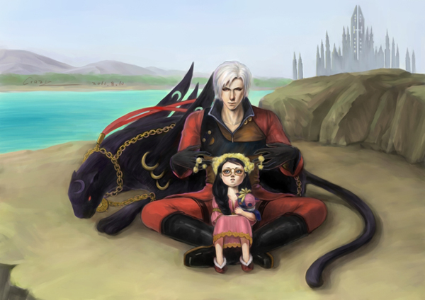 1girl bayonetta bayonetta_(character) bayonetta_(panther) beach black_hair black_panther blue_sky castle cereza chain child crazy_(artist) crossover dante devil_may_cry dress glasses indian_style long_hair ribbon semi-rimless_glasses sitting sitting_on_lap sitting_on_person sky stuffed_animal stuffed_cat stuffed_toy under-rim_glasses water white_hair