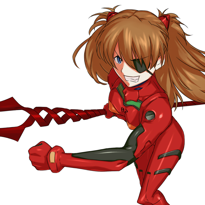 bodysuit brown_hair clenched_hand clenched_hands clenched_teeth eyepatch grin kanna_asuke lance lance_of_longinus long_hair neon_genesis_evangelion plugsuit polearm rebuild_of_evangelion shikinami_asuka_langley simple_background smile solo souryuu_asuka_langley spear teeth weapon