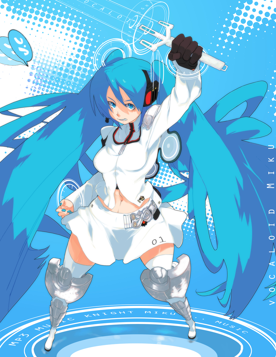 arm_up armor bad_id blue blue_eyes blue_hair boots foreshortening gloves grin hatsune_miku headset jc long_hair nail_polish navel polka_dot skirt smile solo standing sword thigh-highs thigh_boots thighhighs twintails very_long_hair vocaloid weapon zettai_ryouiki