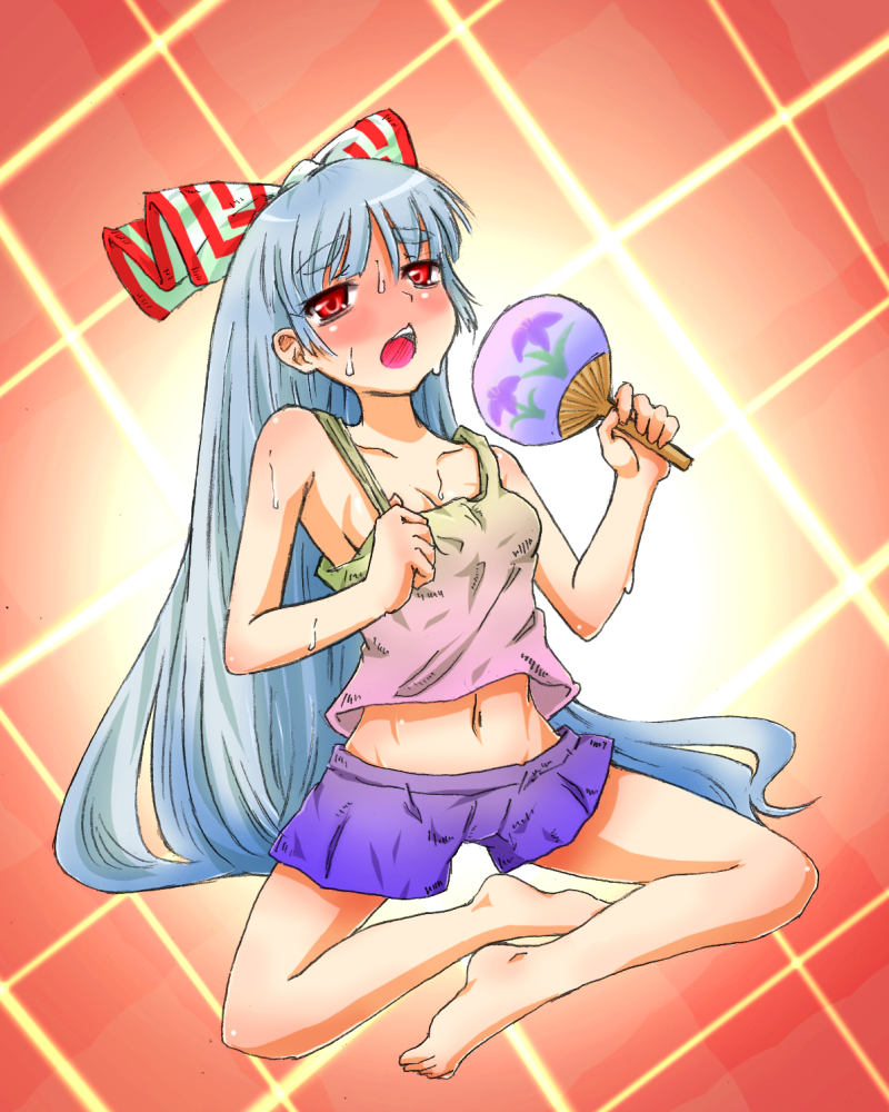 1girl barefoot blush bow fan fujiwara_no_mokou hair_bow hot long_hair megtamic_acid red_eyes short shorts silver_hair solo sweat touhou