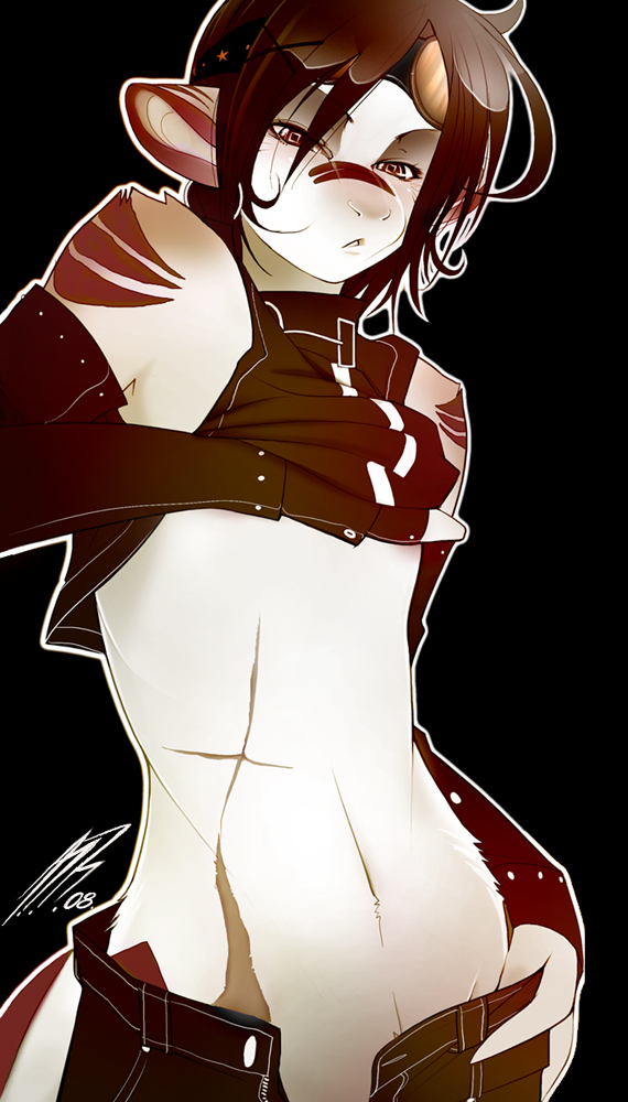 androgynous animal_ears artist_request bare_shoulders bridal_gauntlets bridal_gloves brown_eyes brown_hair flat_chest furry goggles goggles_on_head midriff monochrome navel open_fly scar sepia solo source_request tattoo tsampikos unzipped