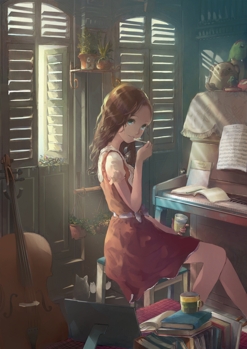 1girl blue_eyes book brown_hair cello chair cup dress eating holding indoors instrument light looking_back ooi_choon_liang original piano plant potted_plant red_dress sheet_music sitting smile stuffed_toy tonari_no_totoro wavy_hair