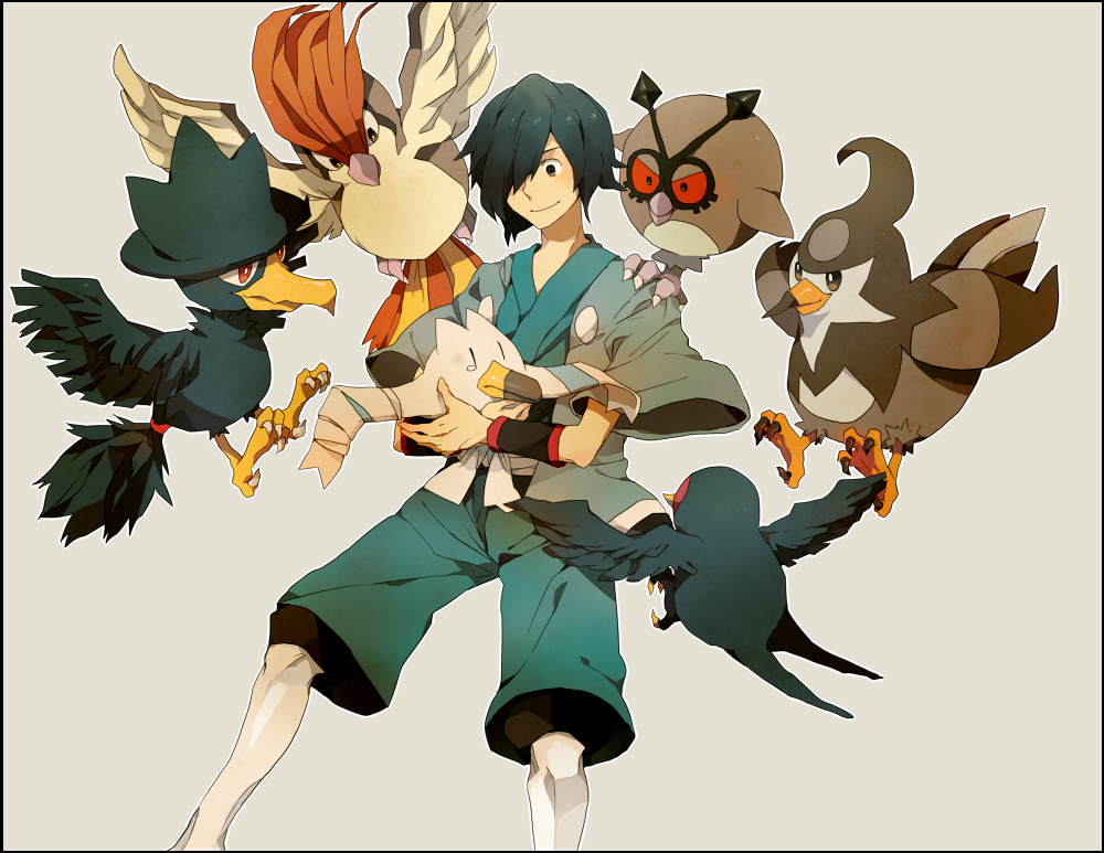 1boy blue_hair gym_leader hayato_(pokemon) hoothoot japanese_clothes murkrow pidgeotto pokemon pokemon_(creature) pokemon_(game) pokemon_gsc staravia taillow tears wingull yuuichi yuuichi_(bobobo)