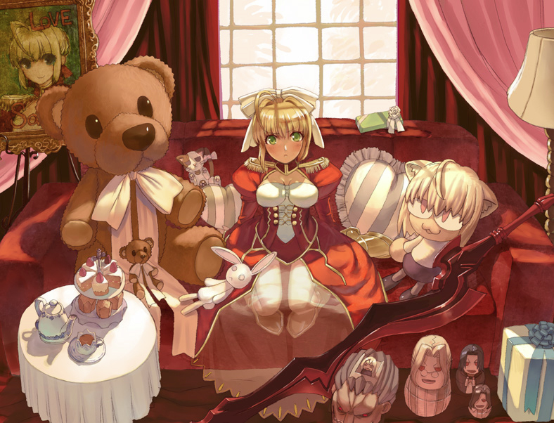 aestus_estus berserker couch epaulettes fate/extra fate/stay_night fate_(series) hair_intakes illyasviel_von_einzbern michael_roa_valdamjong nekoarc saber_extra sasaki_shounen solo stuffed_animal stuffed_toy sword teddy_bear weapon