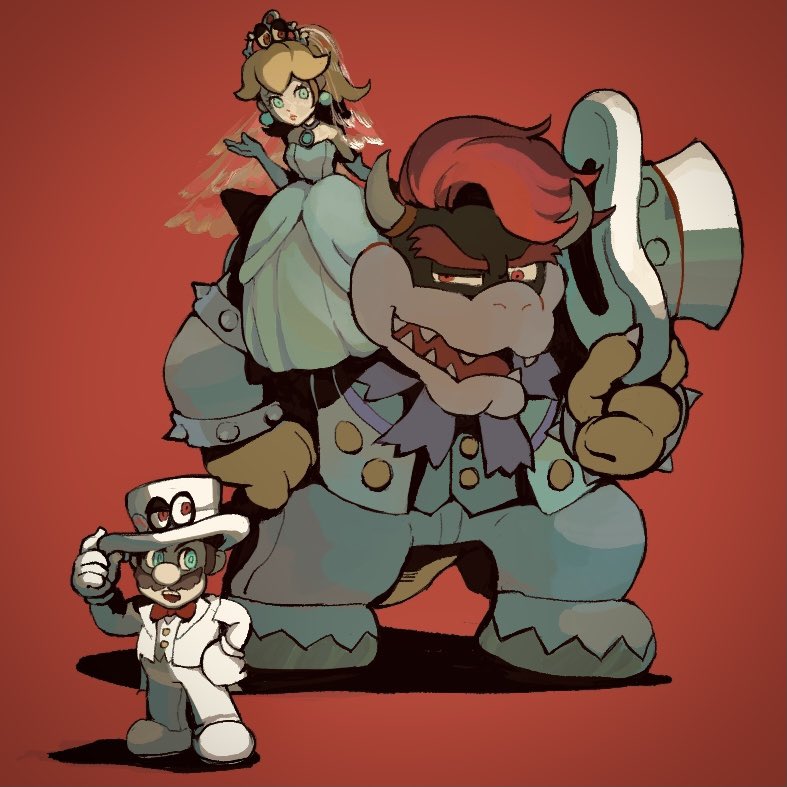 1girl 2boys aqua_eyes armlet blonde_hair bowser bowser_(tuxedo) bracelet bridal_veil brown_hair buttons cappy_(mario) closed_mouth commentary_request dress earrings elbow_gloves facial_hair gloves hand_on_headwear hand_on_own_hip hand_up hat high_ponytail holding holding_clothes holding_hat horns jacket jewelry lapels long_hair long_sleeves looking_at_viewer mario mario_(tuxedo) multiple_boys mustache open_clothes open_jacket open_mouth pants ponytail princess_peach princess_peach_(wedding) red_background red_eyes redhead rinabee_(rinabele0120) sharp_teeth shoes short_hair simple_background sitting sitting_on_shoulder smile sphere_earrings spiked_armlet spiked_bracelet spikes standing strapless strapless_dress super_mario_bros. super_mario_odyssey teeth tiara tiara_(mario) top_hat unworn_hat unworn_headwear upper_teeth_only veil vest white_dress white_footwear white_gloves white_headwear white_jacket white_pants white_vest