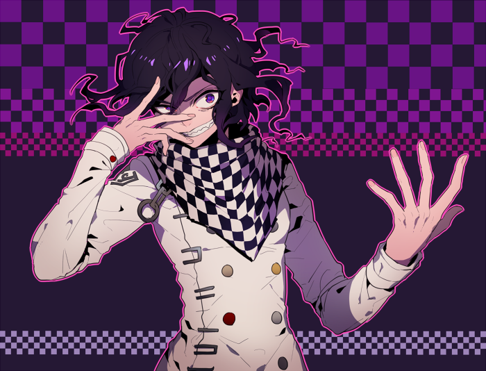 1boy belt_buckle black_scarf buckle buttons checkered_background checkered_clothes checkered_scarf commentary crazy crazy_eyes crazy_grin danganronpa_(series) danganronpa_v3:_killing_harmony fingernails floating_hair hair_between_eyes hand_on_own_face jacket kogarashi_8 long_sleeves looking_at_viewer male_focus messy_hair oma_kokichi outline outstretched_hand pink_outline purple_background purple_hair scarf shaded_face sharp_teeth short_hair simple_background solo teeth two-tone_scarf upper_body violet_eyes white_jacket white_scarf white_sleeves wide-eyed