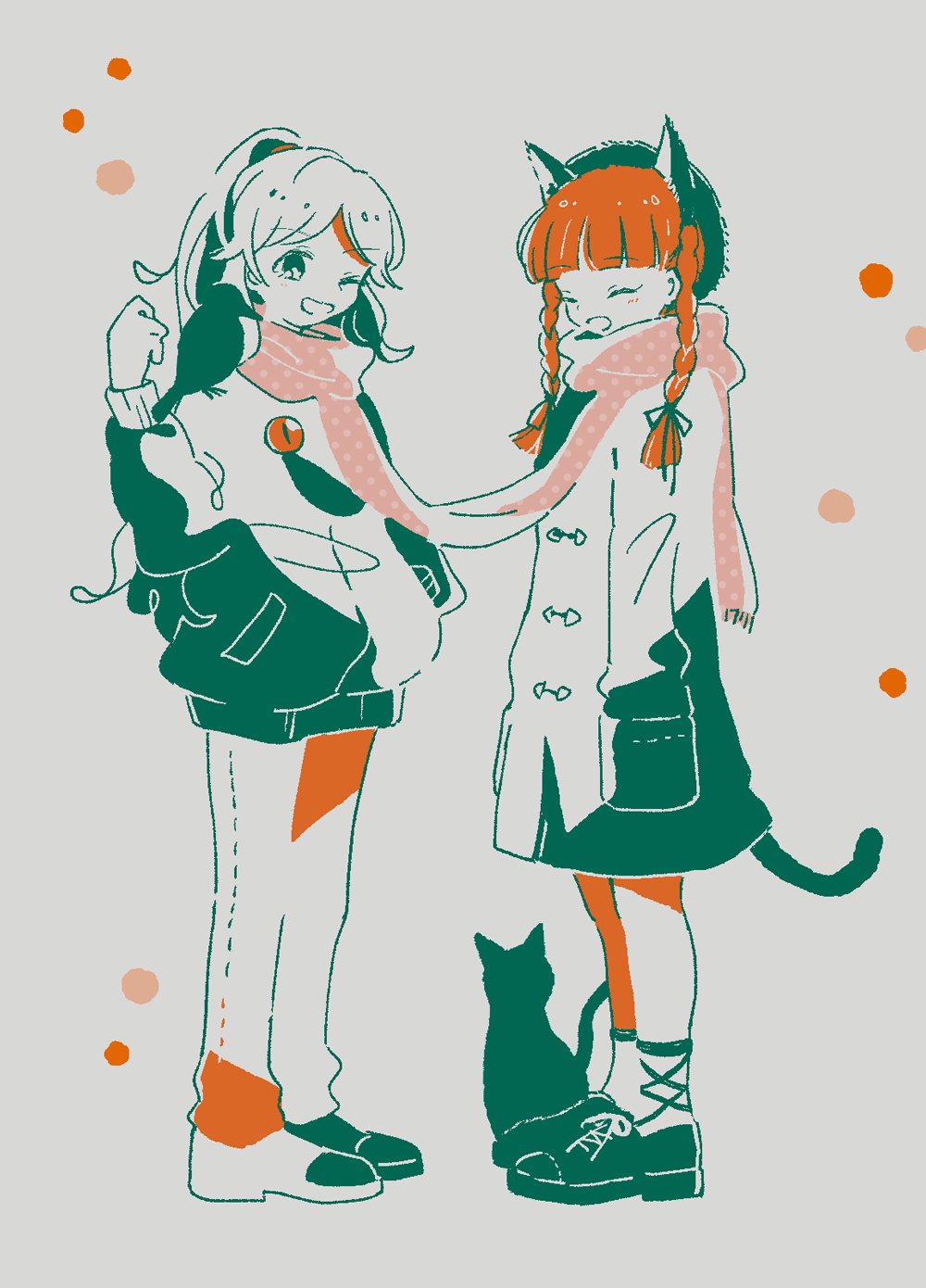 2girls animal_ears animal_on_shoulder beret bird bird_on_shoulder black_bird black_cat black_footwear blunt_bangs blush bow braid cat cat_ears cat_tail closed_eyes coat extra_ears footwear_bow hands_in_pockets hat highres kaenbyou_rin leg_ribbon limited_palette long_hair multiple_girls nig_18 one_eye_closed open_mouth ponytail redhead reiuji_utsuho ribbon scarf shared_clothes shared_scarf silhouette simple_background smile tail third_eye touhou twin_braids