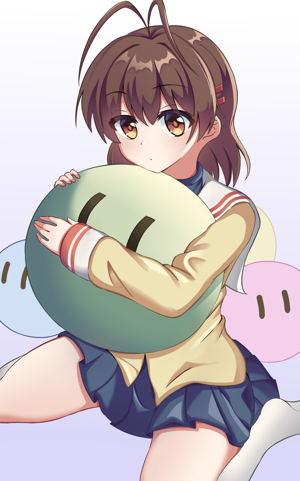 1girl antenna_hair blue_skirt brown_eyes brown_hair chinese_commentary clannad closed_mouth commentary_request dango_daikazoku expressionless furukawa_nagisa grey_background hair_between_eyes hair_ornament hairclip highres hikarizaka_private_high_school_uniform holding holding_stuffed_toy jacket knees_out_of_frame long_sleeves looking_at_viewer medium_hair miniskirt nmudml2 no_shoes pleated_skirt sailor_collar school_uniform simple_background sitting skirt solo stuffed_toy wariza white_sailor_collar yellow_jacket |_|