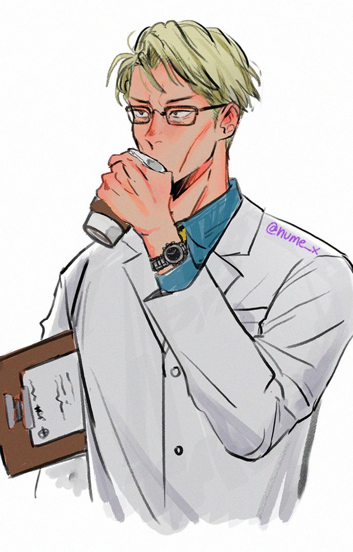 1boy blonde_hair blue_shirt brown_eyes chair clipboard coffee collared_shirt cup disposable_cup english_commentary glasses holding holding_clipboard holding_cup jujutsu_kaisen lab_coat long_sleeves male_focus nanami_kento necktie nume_x paper shirt short_hair solo upper_body watch watch yellow_necktie