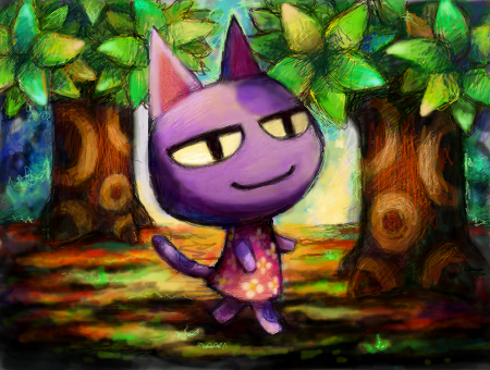 1boy animal_crossing bob_(animal_crossing) cat_boy closed_mouth commentary cortoony english_commentary floral_print furry furry_male grass lowres male_focus pink_shirt shirt sleeveless sleeveless_shirt smile solo tree walking yellow_eyes