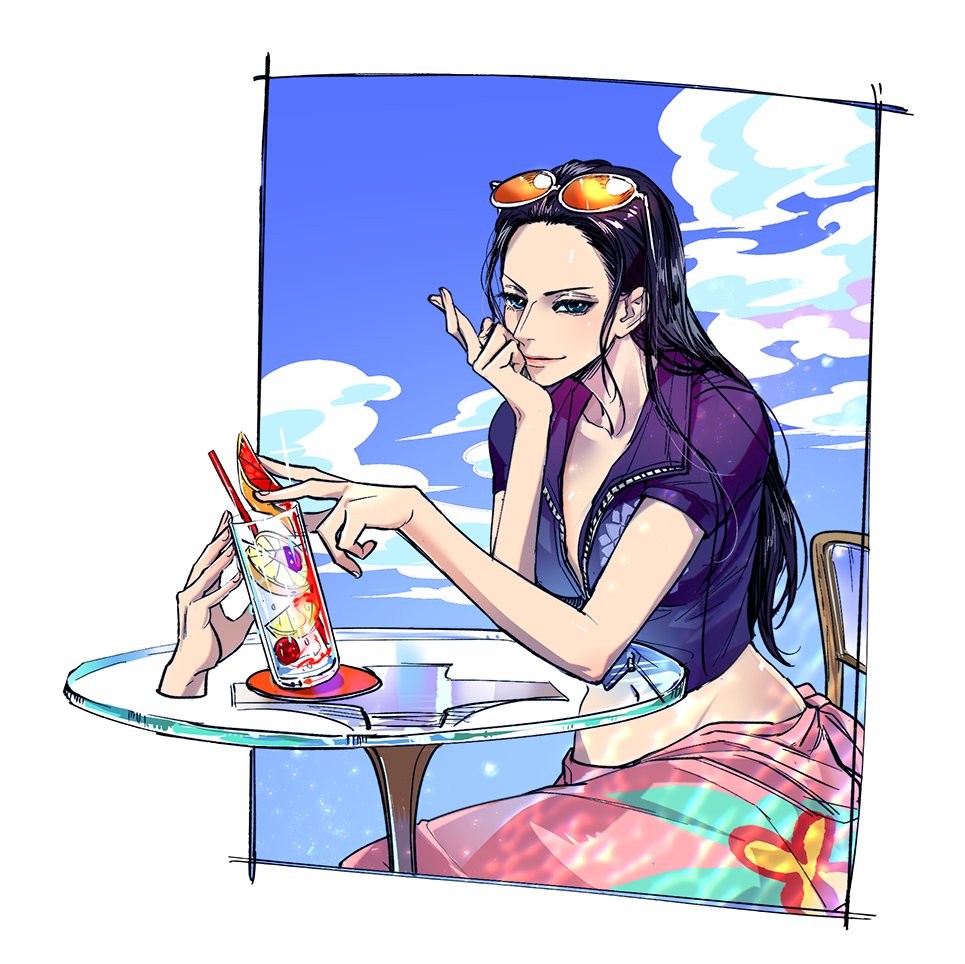 1girl black_hair blue_eyes blue_jacket border clouds commentary_request crossed_fingers drinking_straw eg_(eastg111) elbow_on_table extra_hands eyewear_on_head glass jacket korean_commentary long_hair looking_at_viewer nico_robin on_chair one_piece pink_sarong sidelocks sitting sky smile solo table white_border