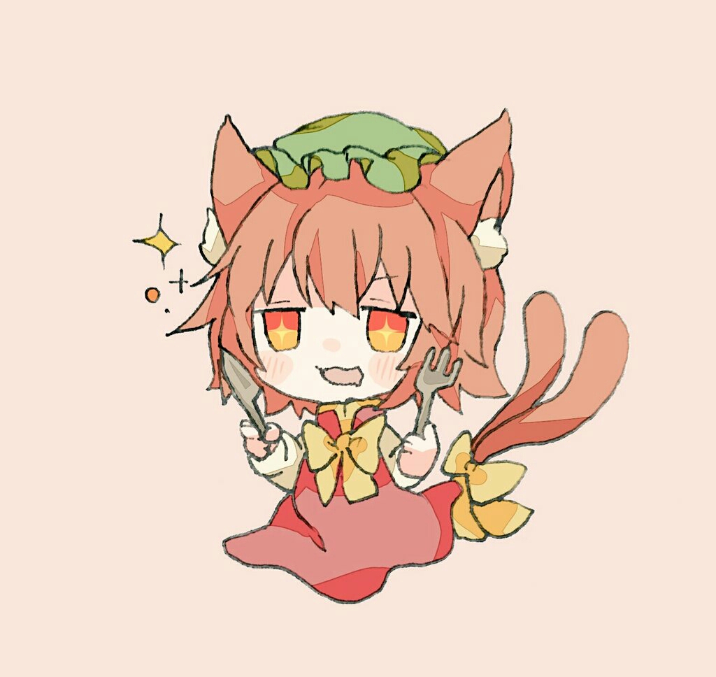 +_+ 1girl :d animal_ear_fluff animal_ears blush bow bowtie brown_eyes brown_hair cat_ears cat_tail chaki_(kinaneko2149) chen chibi commentary_request cropped_legs dress drooling fork frills green_headwear grey_background hands_up hat holding holding_fork holding_knife knife mob_cap mouth_drool multiple_tails nekomata open_mouth red_dress simple_background smile solo sparkle tail tail_bow tail_ornament touhou two_tails yellow_bow yellow_bowtie
