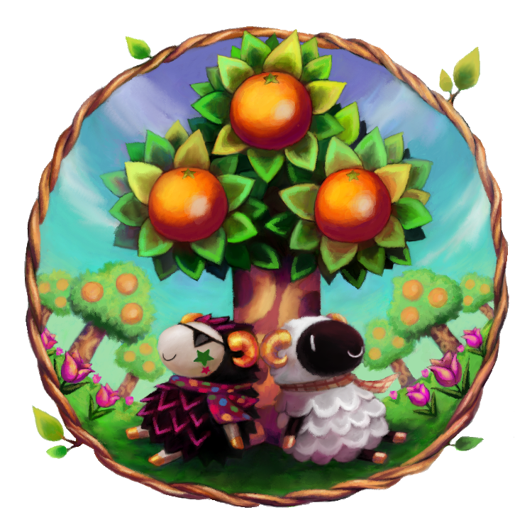 1boy 1girl animal_crossing blue_sky brown_horns brown_scarf closed_mouth clouds commentary cortoony curled_horns day english_commentary facial_mark flower food fruit fruit_tree furry furry_female furry_male grass horns leaf on_grass orange_(fruit) orange_horns orange_tree outdoors pink_flower polka_dot polka_dot_scarf purple_scarf scarf sheep_boy sheep_girl simple_background sitting sky smile star_(symbol) star_facial_mark sunglasses tree tulip vesta_(animal_crossing) white_background white_eyes woolio_(animal_crossing)