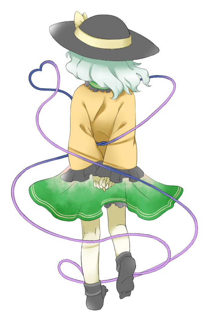 1girl aqua_hair arms_behind_back black_headwear black_socks double_horizontal_stripe from_behind full_body green_skirt hat heart heart_of_string kneepits komeiji_koishi leg_up nonamejd official_style own_hands_together shirt short_hair simple_background skirt socks solo touhou white_background yellow_shirt zun_(style)