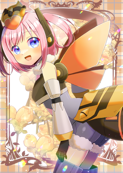 1girl :d bare_shoulders black_gloves blue_eyes blush bodysuit commentary_request commission copyright_request from_side fur_trim gloves grey_bodysuit headgear kou_hiyoyo looking_at_viewer looking_to_the_side orange_wings pink_hair skeb_commission smile solo standing two_side_up