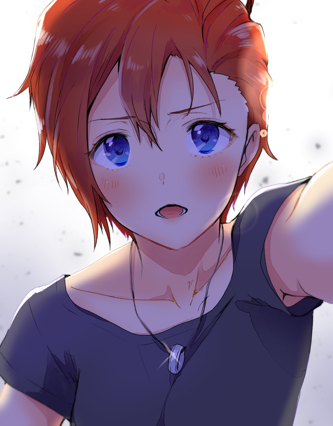 1girl black_shirt black_sleeves blue_eyes blush collarbone eyelashes furrowed_brow gleam gradient_background hair_ornament hairpin highres idolmaster idolmaster_million_live! jewelry julia_(idolmaster) looking_at_viewer lower_teeth_only necklace open_mouth outstretched_arm pov redhead ring ring_necklace shirt short_hair short_sleeves simple_background solo straight-on t-shirt teeth upper_body white_background witoi_(roa)