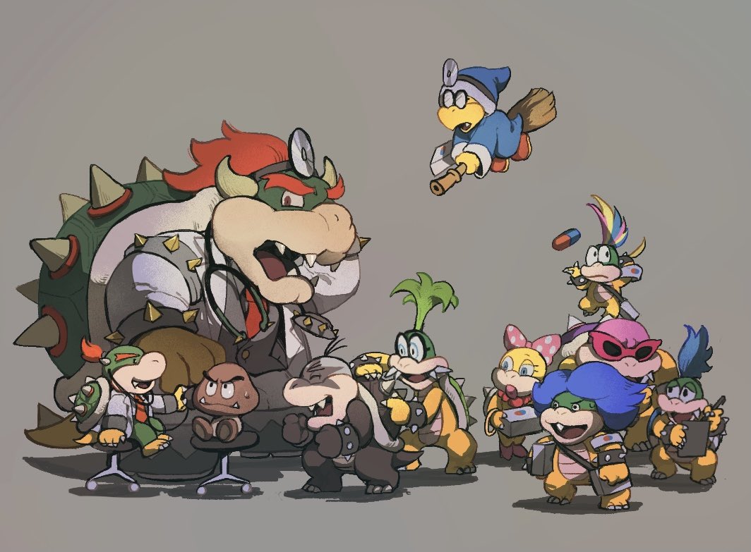 1girl 6+boys ^_^ armband armlet bangle blue_hair blue_headwear blue_robe bow bowser bowser_jr. box bracelet broom broom_riding claws clenched_hands closed_eyes closed_mouth coat commentary dr._bowser dr._bowser_jr. dr._mario_(game) dr._mario_world english_commentary eyelashes fangs fangs_out glasses goomba green_hair grey_background grey_footwear grey_vest hat head_mirror holding holding_box horns iggy_koopa jewelry kamek koopalings lab_coat larry_koopa lemmy_koopa lips long_sleeves looking_at_another looking_to_the_side ludwig_von_koopa multiple_boys necktie opaque_glasses open_clothes open_coat open_mouth pants pill pink-framed_eyewear pink_bow pink_lips polka_dot polka_dot_bow raised_eyebrows red_eyes red_footwear red_necktie redhead rinabee_(rinabele0120) robe round_eyewear roy_koopa sharp_teeth shoes simple_background sitting smile spiked_armlet spiked_bracelet spiked_shell spikes standing stethoscope sunglasses super_mario_bros. sweatdrop teeth thick_lips turtle_shell v-shaped_eyebrows vest wendy_o._koopa white_armband white_coat white_footwear white_pants
