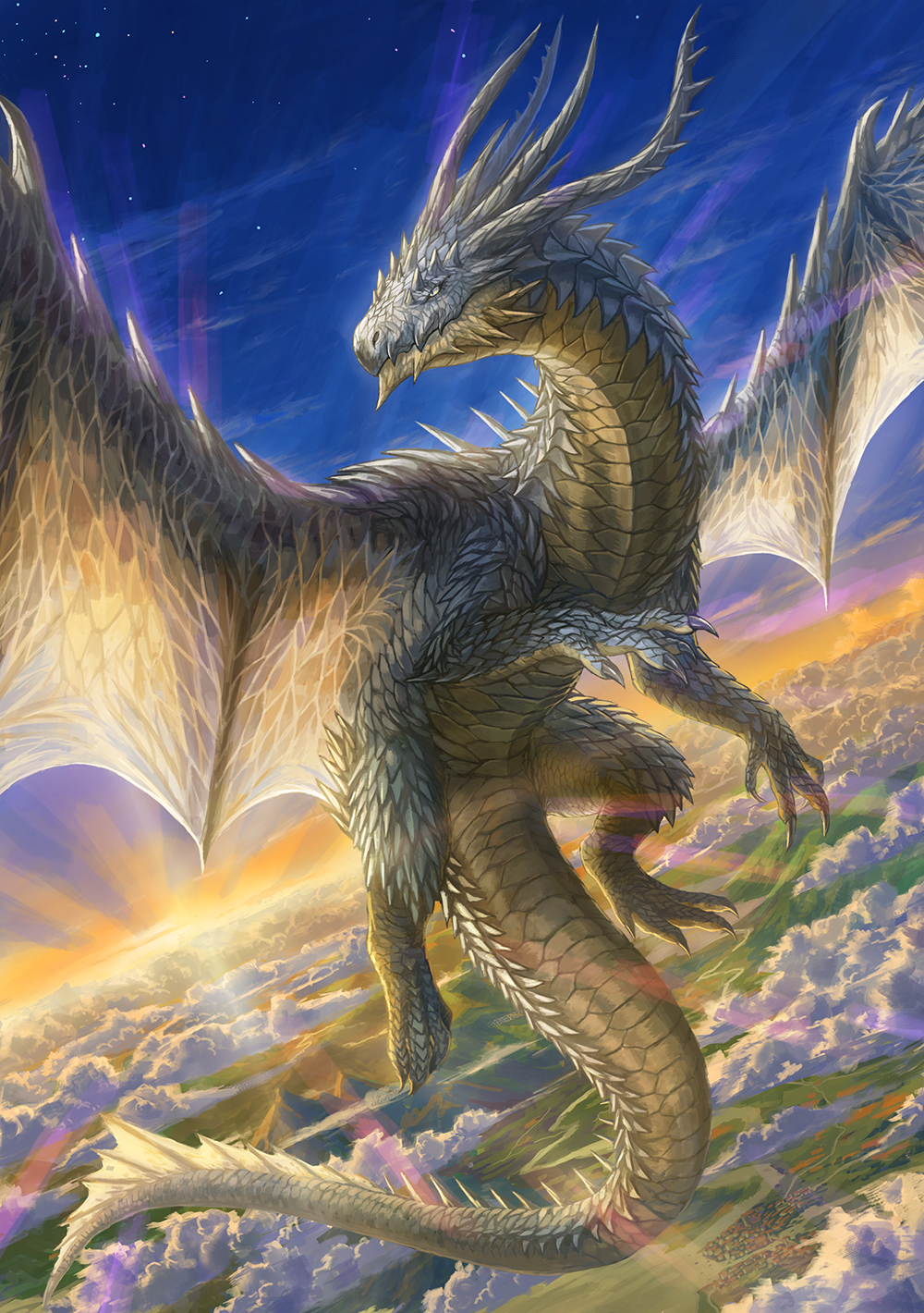 claws closed_mouth clouds commentary_request dragon dragon_horns dragon_tail dragon_wings flying highres horns nasuno_posi no_humans original spikes sun tail western_dragon white_eyes white_scales wings yellow_scales