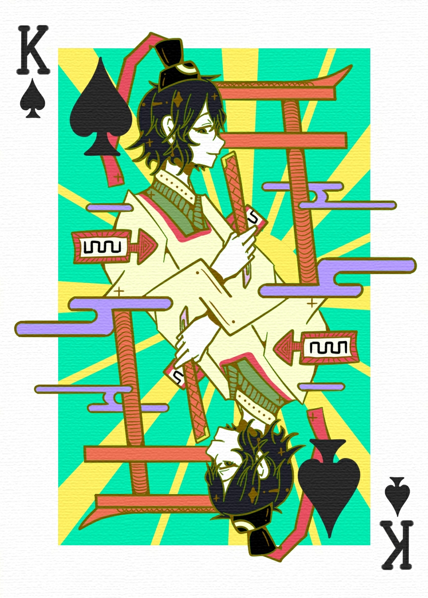 1other androgynous black_eyes black_hair black_headwear card_(medium) chinese_commentary closed_mouth colored_skin commentary_request green_kimono hat highres holding japanese_clothes kariginu kimono king_(playing_card) king_of_spades len'en long_sleeves mirror_image other_focus senri_tsurubami short_hair smile tate_eboshi torii white_skin xierweng
