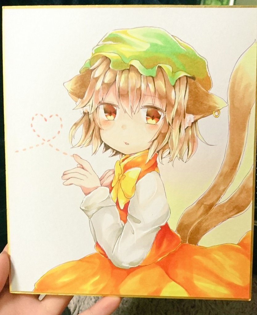 1girl animal_ear_piercing animal_ears blush bow bowtie brown_eyes brown_hair cat_ears cat_tail chaki_(kinaneko2149) chen commentary_request cowboy_shot earrings ears_down expressionless flat_chest gold_trim green_headwear hair_between_eyes hand_up hat heart index_finger_raised jewelry juliet_sleeves long_sleeves looking_at_viewer mob_cap multiple_tails nekomata parted_lips photo_(medium) puffy_sleeves red_skirt red_vest simple_background single_earring skirt skirt_set solo tail touhou traditional_media two_tails vest white_background yellow_bow yellow_bowtie